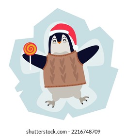 Penguin lying on ice floe. Cute Christmas character in cartoon style.