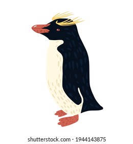 Macarrones de pingüino aislados de fondo blanco. Un pájaro lindo del estilo dibujado a mano ártica. Hermoso personaje de caricatura con pelo dorado. Diseñar ilustración vectorial.