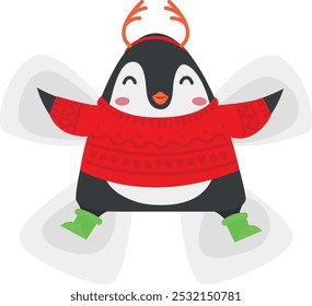 El pingüino hace ángel de nieve. Diversión al aire libre del invierno