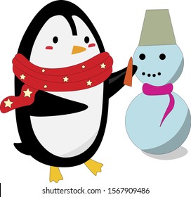 Penguin makes a snowman vector. Christmas snowman illustration. 