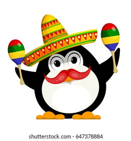 Penguin with a Maracas and a sombrero. Cartoon color image of a young funny little penguin in Mexican style. Children's costume of carnival. Vector illustration