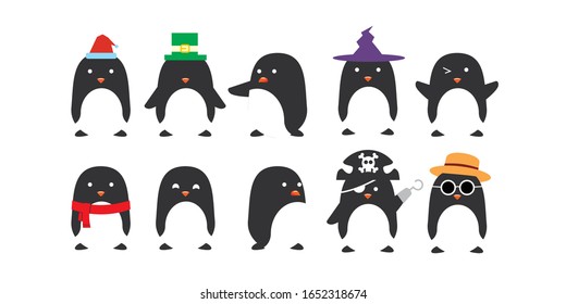 Penguin Mascot Character Set Various Pose and Style Christmas St Patrick Halloween Summer Pirate