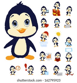 Penguin mascot in different positions. Fully layered for easy editing. You can use it at your website, business cards, greeting cards and more. 