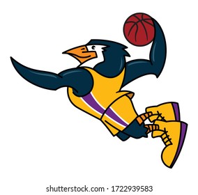 the penguin mascot does basketball slam dunk, vector illustration