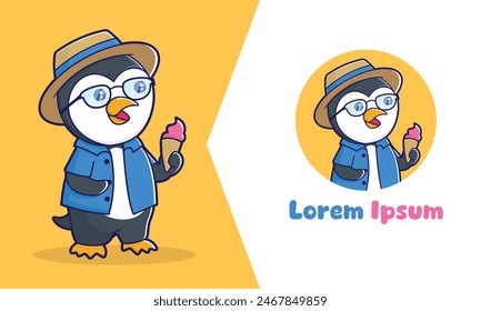 Penguin mascot ice cream logo, A penguin with a suitcase, wearing a Hawaiian shirt and sunglasses. The penguin can be holding an ice cream cone.