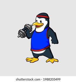 Penguin mascot lifting weights vectors