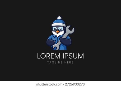 Carácter mecánico del pingüino con la Plantilla del logotipo del Vector de la llave