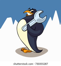 Penguin mechanic with a wrench. Illusion. Character penguin