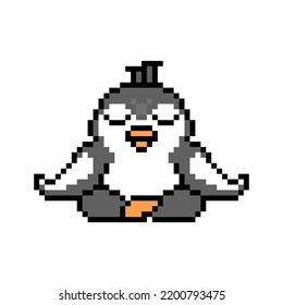 Penguin meditates sitting in lotus position, pixel art animal character isolated on white background. Old school retro 80's-90's 8 bit slot machine, 2d video game graphics. Cartoon yoga studio mascot.