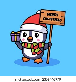 Penguin Merry Christmas Cartoon, Mascot Character Illustration, 