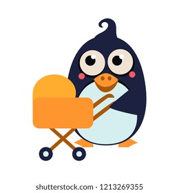 Penguin Mom and Baby in Stroller. Vector Illustration