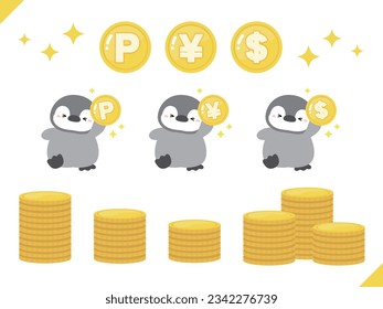 Penguin and money icon set. Vector illustration in flat style.