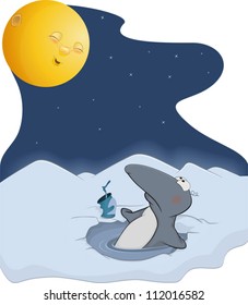 Penguin and the moon. Cartoon