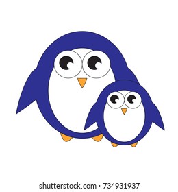 Penguin Mother and Child cartoon. Outlined illustration with thin line black stroke