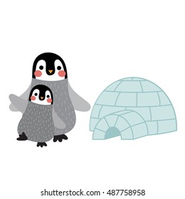 Penguin mother and child in front of igloo animal cartoon character isolated on white background.