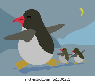 The penguin mother goes ahead with 2 baby penguins on a dark night, With crescent moon