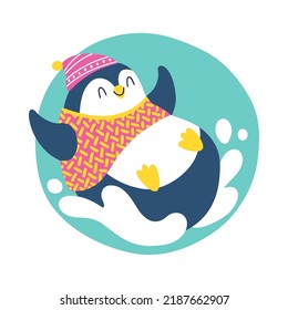 The penguin moves down from snowy mountain. Christmas winter animal character in simple hand drawn scandinavian style. A colorful childish cartoon in a colorful festive palette. Vector illustration