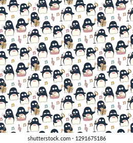 Penguin musician seamless pattern background