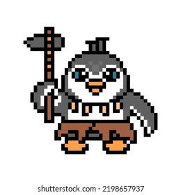 Penguin Neanderthal In A Loincloth And Tooth Necklace With A Stone Axe, Pixel Art Animal Character Isolated On White Background. Old School Retro 80s, 90s 8 Bit Slot Machine, Video Game Graphics.