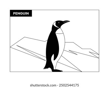 A penguin is near the ice mountains as its habitat, black and white, outline, vector illustration of the birds.