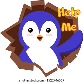 Penguin needs help, illustration, vector on white background.