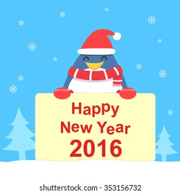 Penguin and New Year card, vector