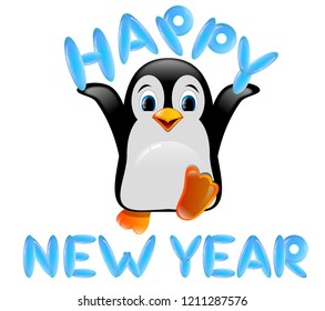 Penguin. New Year. Caroon characters. Christmas. New Year's scenery. Winter. For congratulations. Signboard, banner, poster, postcard. Illustration.