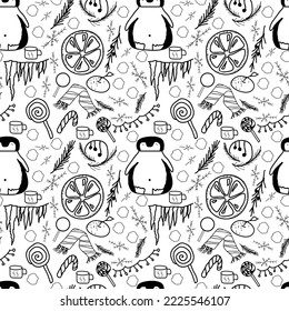 Penguin new year seamless pattern with candies and christmas trees