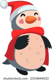 Penguin in a New Year's red cap, vector stylized image. Character for Christmas and New Year design