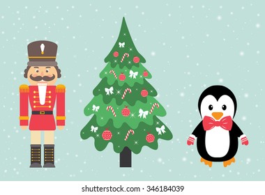 penguin and nutcracker and fir-tree