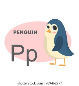 Penguin on alphabet. Letter P with funny animal.