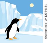 Penguin on the background of icebergs. Vector illustration.
