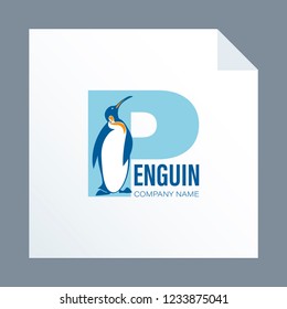 Penguin on the background of letters and text. Logo, emblem. Design for your company or for use in environmental posters, thematic sites with information on environmental protection.