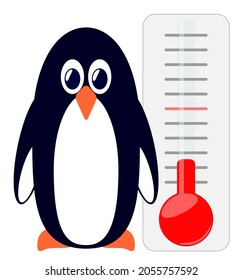 Pinguin auf dem Hintergrund eines Thermometers.