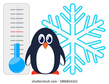 Pinguin auf dem Hintergrund eines Thermometers und Schneeflocken.