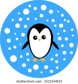 penguin on a blue background around falling white snow winter concept and animal christmas symbol