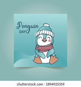 Penguin on a blue background. Penguins Gifts, hearts, cups and magic Vector printable collection. vector illustration.