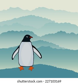 Penguin on a blue ice background. Penguin vector illustration.