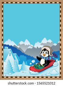 Penguin on bobsleigh theme parchment 1 - eps10 vector illustration.