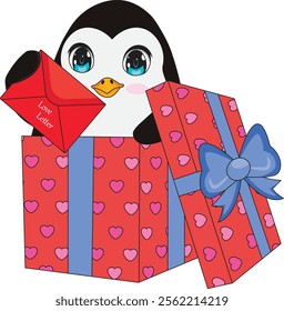 Penguin on box with love letter valentine vector