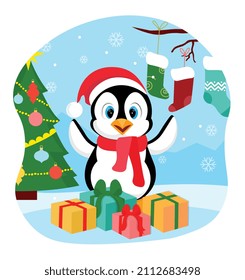 Penguin on Christmas. Cute and friendly character for kids. Tales and badges for briefcases. Picture for printing on fabric, stylish design of childrens souvenirs. Cartoon flat vector illustration