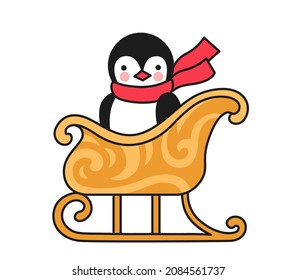 Penguin on Christmas sleigh. Cute cartoon animal character. Funny colored vector illustration for postcard, print, greeting card, sticker.