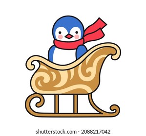 Penguin on Christmas sleigh. Cute cartoon animal character. Funny cute colored vector illustration for print, postcard, greeting card.