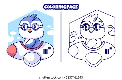 penguin on a cute plane with coloring pages suitable for kids