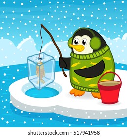 penguin on fishing - vector illustration, eps