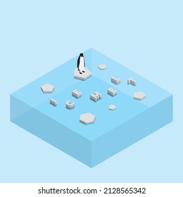 Penguin on a floating glacier text word ICE MELT. Global warming and ice melting concept of sea level rise, world flood, climate change, greenhouse effect and floating glacier in the Arctic, Antarctic