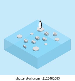 Penguin On Floating Ice Sheet And A Text Word ICEBERG. Global Warming And Ice Melting Concept Of Sea Level Rise, Global Flood, Climate Change, Greenhouse Effect, Polar Ice And Arctic Sea Ice Melt.