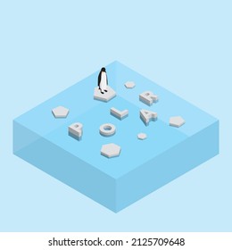 Penguin On Floating Ice Sheet And A Text Word POLAR. Global Warming And Ice Melting Concept Of Sea Level Rise, Global Flood, Climate Change, Greenhouse Effect, Polar Ice And Arctic Sea Ice Melt.