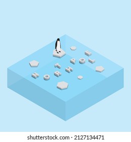 Penguin On Floating Ice Sheet And A Text Word NORTH POLE. Global Warming And Ice Melting Concept Of Sea Level Rise, Global Flood, Climate Change, Greenhouse Effect, Polar Ice And Arctic Sea Ice Melt.