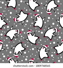 Penguin on a gray background. Seamless New Years pattern. Vector illustration.